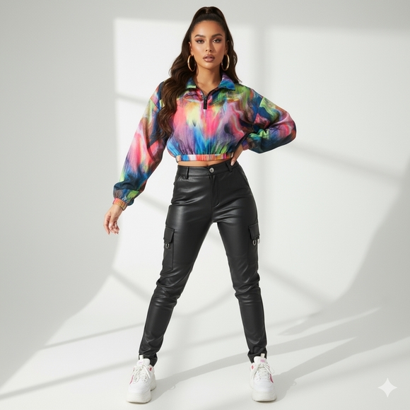 Forever 21 Cropped Neon Abstract Zip Jacket S - Picture 2 of 8